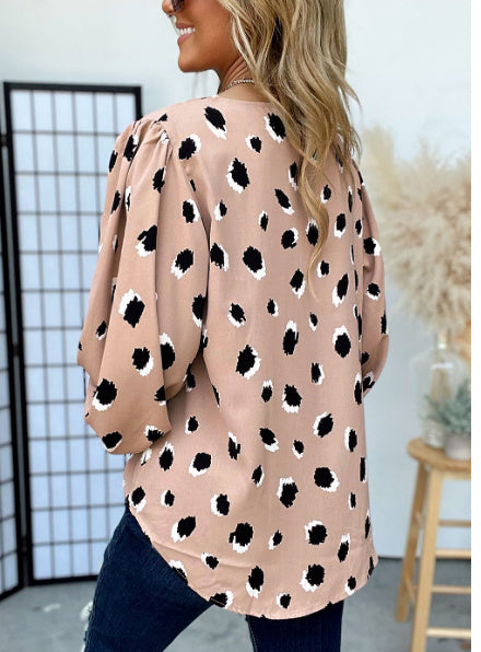 Khaki Classic Leopard V Neck Bracelet Sleeve Blouse