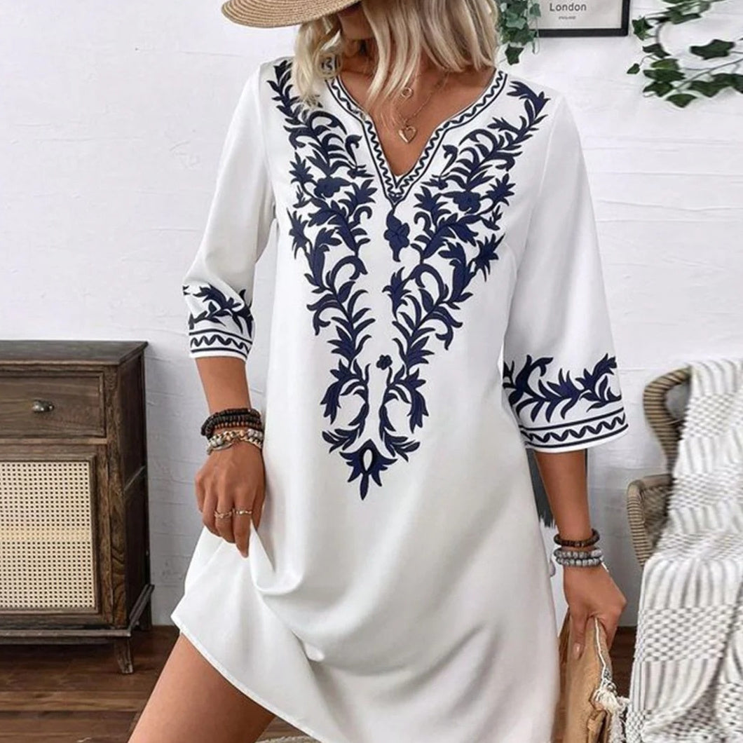 V-neck Bohemian Pastoral Style Half Sleeve Commuter Dress