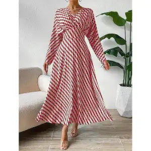 Geometric Printed V-neck Long-sleeved, Cinched-waist Elegant professional