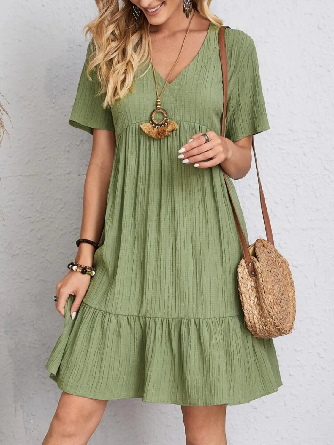 Boho Textured V-Neck Short Sleeve Babydoll Dress