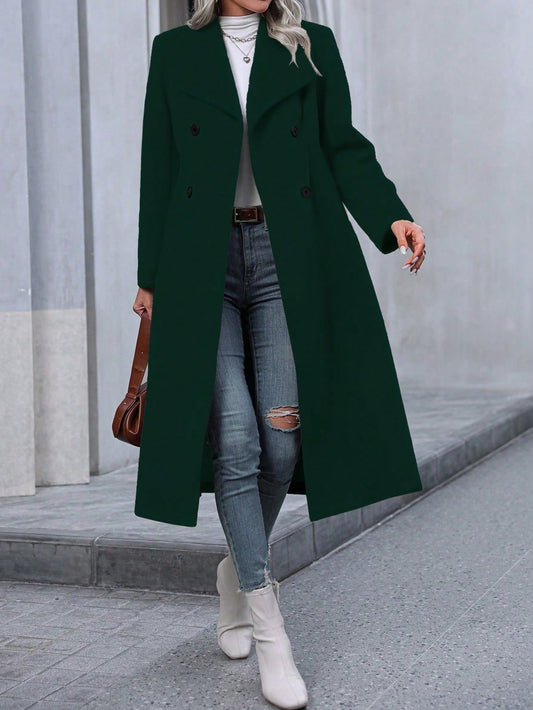Double-breasted Long-sleeve Faux Wool Long Coat.