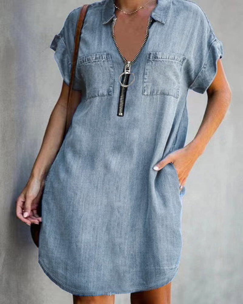 European And American Lapel Short Sleeve Loose Dress Denim Shirt