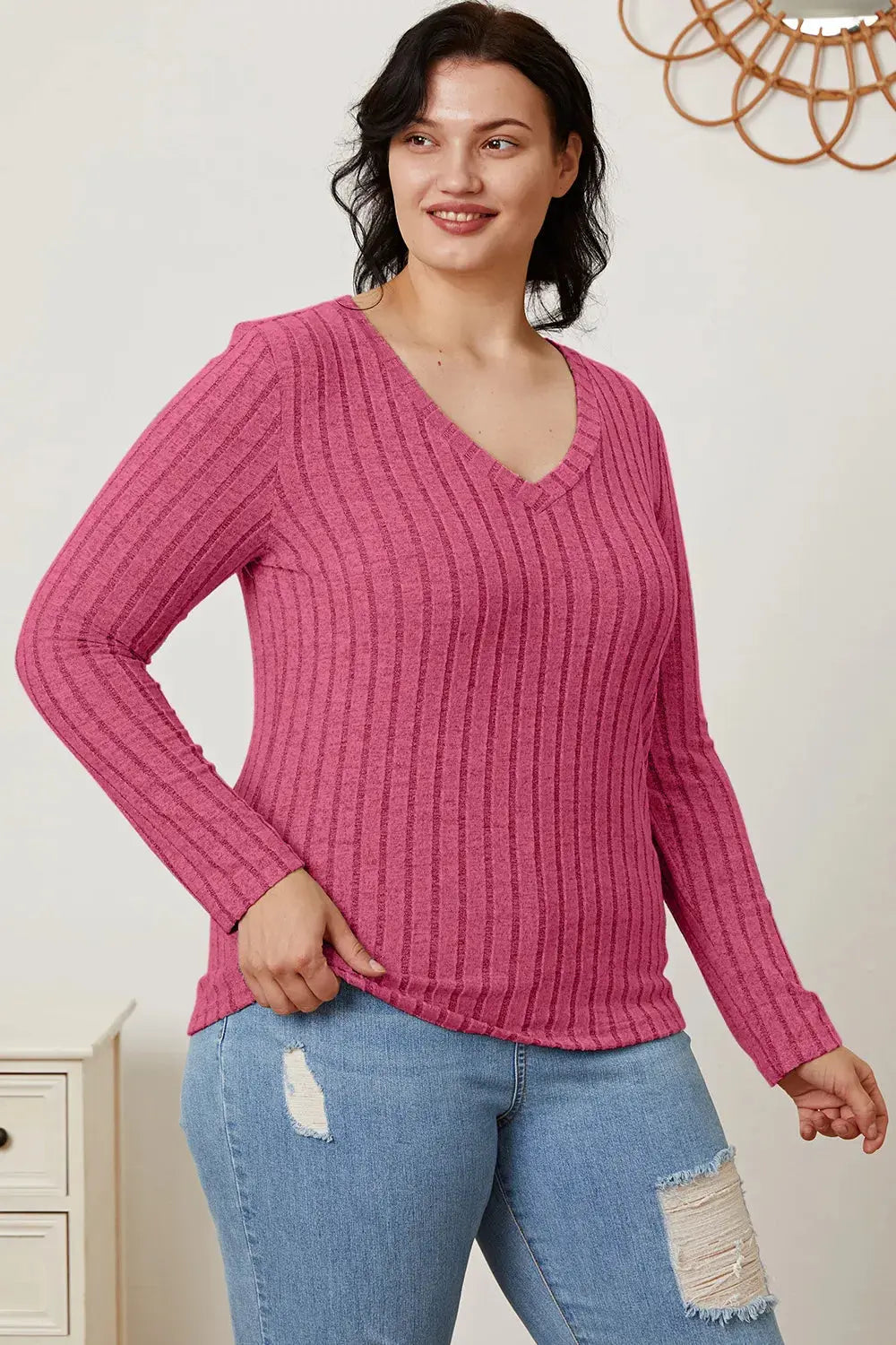 Basic Bae Full Size Ribbed V-Neck Long Sleeve T Shirt for Women