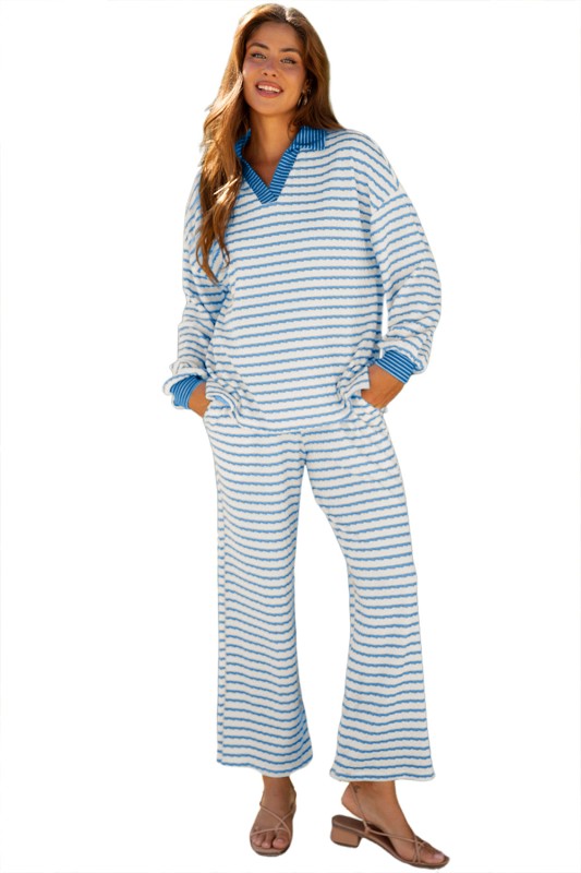 Stripe Collared Top and Drawstring Pants Set