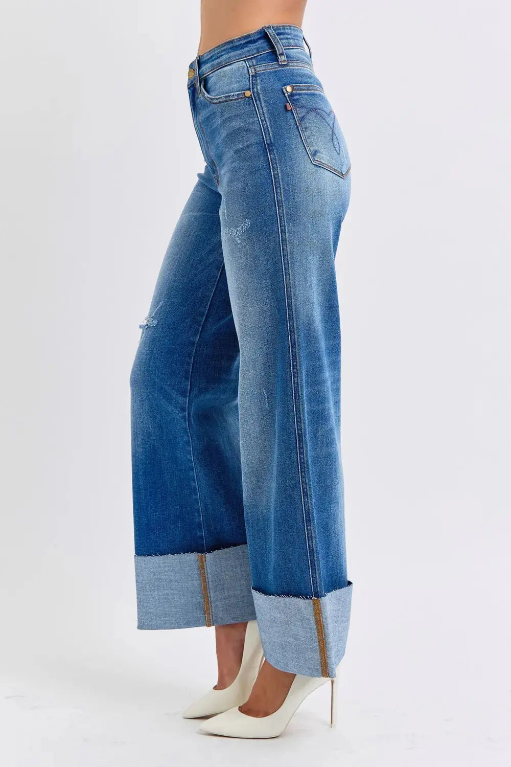 Distressed High Waist Wide Leg Cuffed Judy Blue Jeans – Full Size