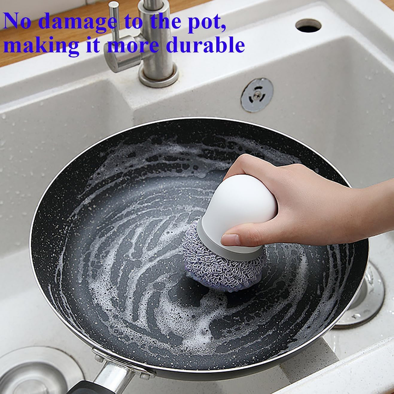 No-Scratch Kitchen Scrub Brush with Replaceable Fiber Scouring Balls – Anti-Scratch, Durable Handle for Non-Stick, Stainless Steel & Ceramic Cookware