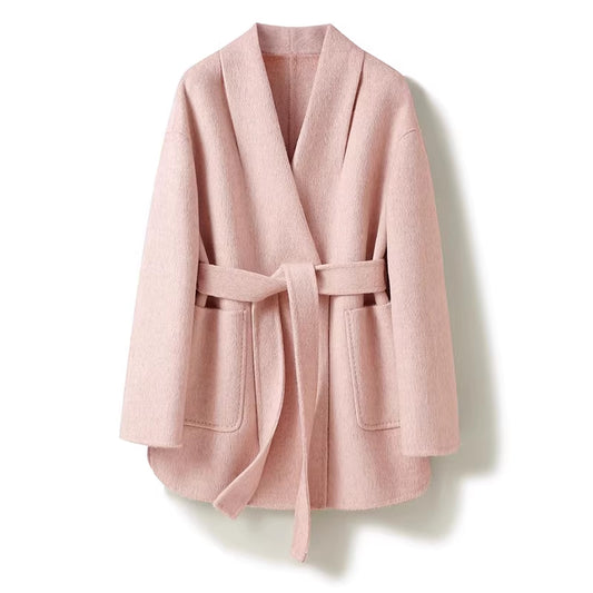 Camel-wool V-neck Wool Double-faced Wool Belted Coat