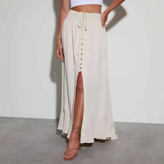 Half-length Solid Color Lace-up Waist-slimming Long Dress