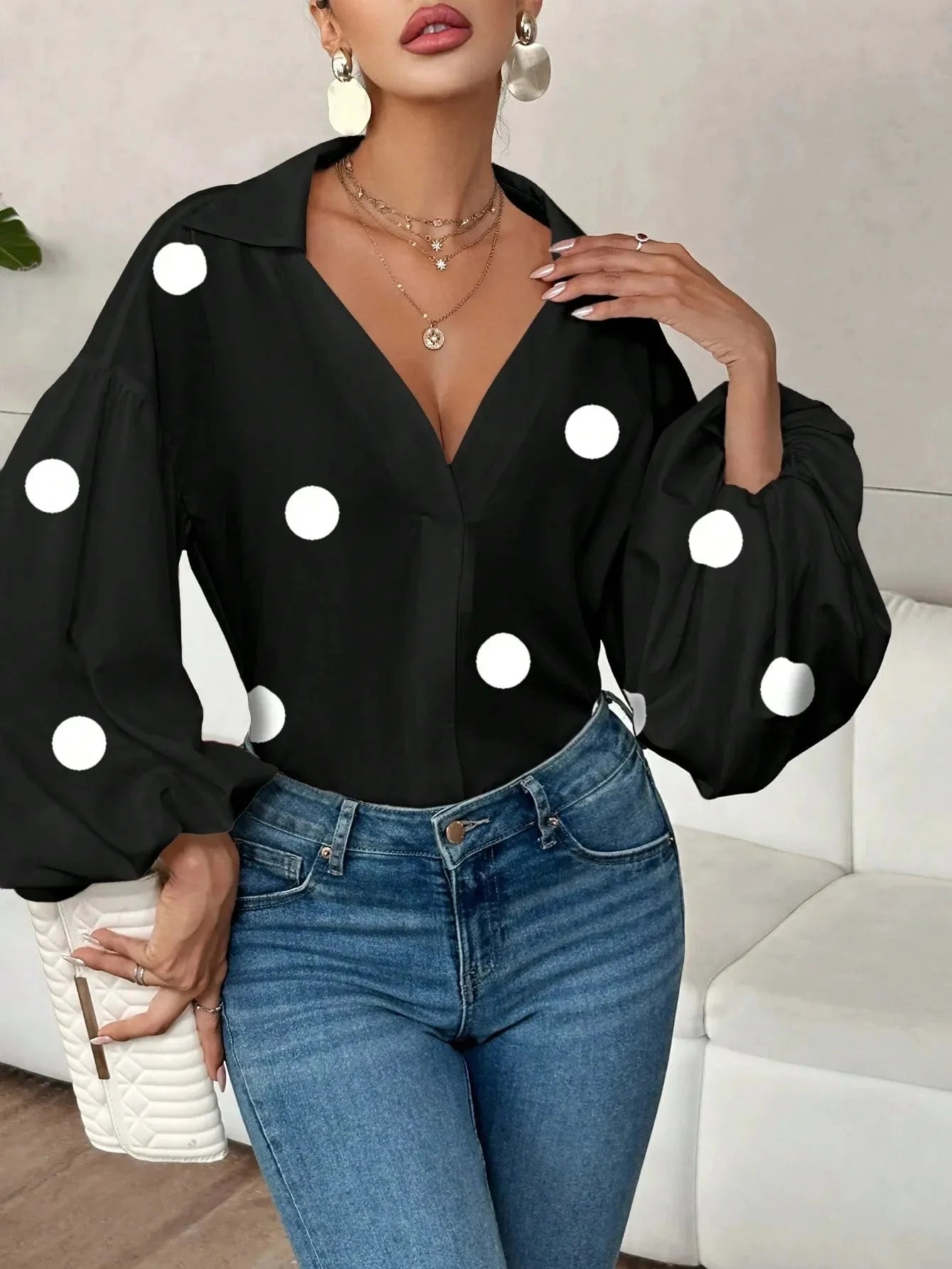 Oversized Polka Dot Balloon Sleeve Blouse