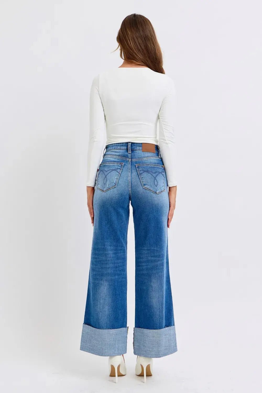 Distressed High Waist Wide Leg Cuffed Judy Blue Jeans – Full Size