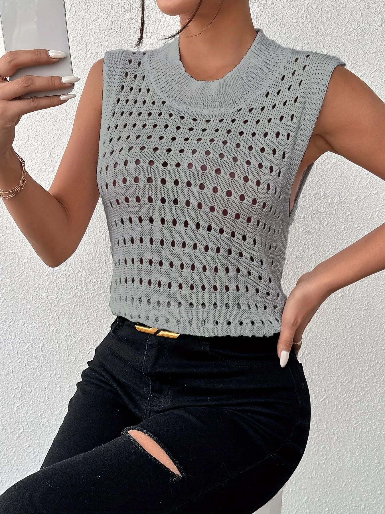 Hollow Out Round Neck Knit Sweater Tank