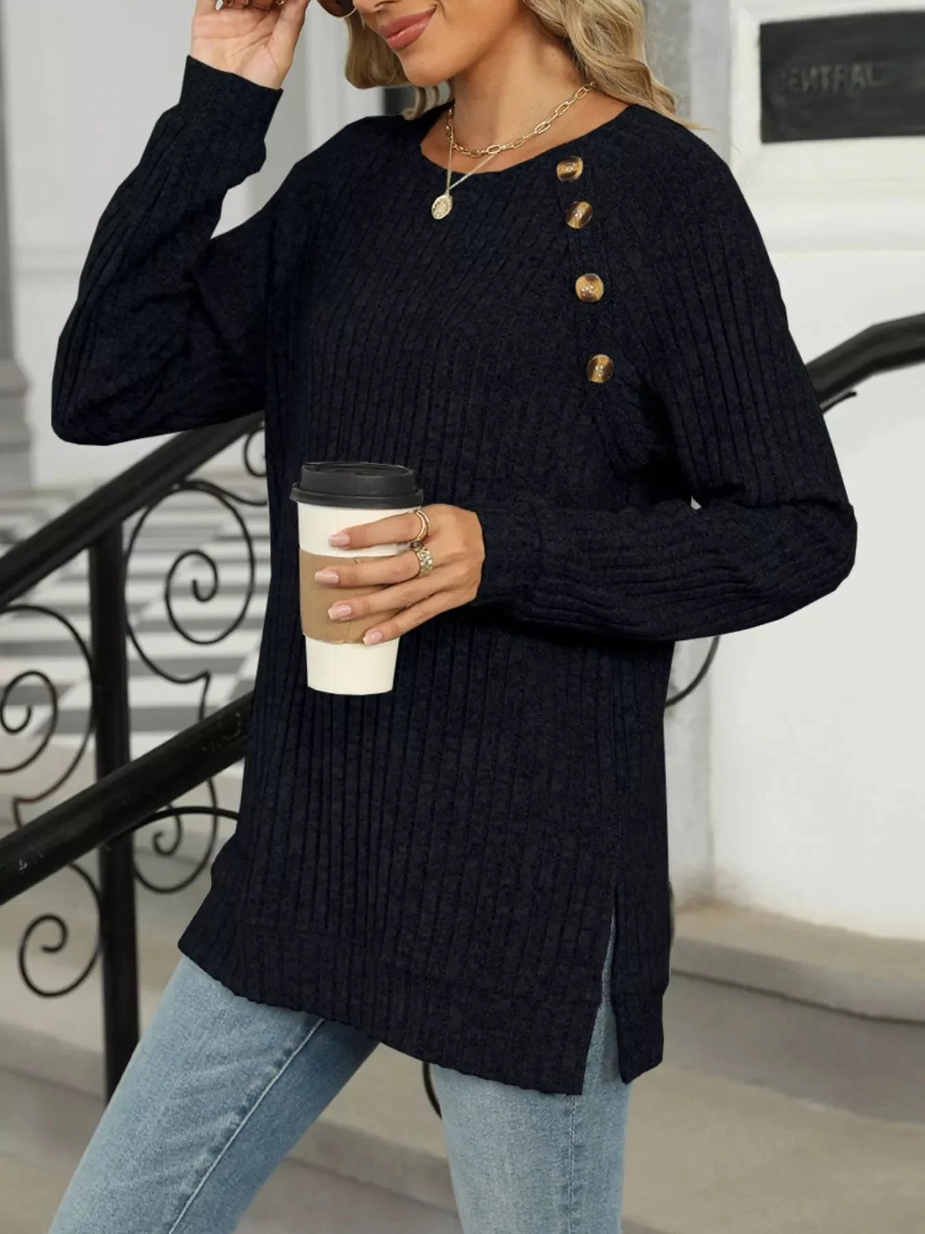 Cozy Chic Ribbed Button Detail Long Sleeve Tunic