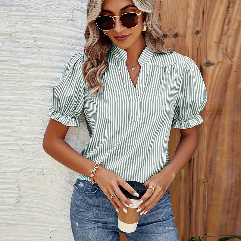 Striped Shirt Lantern Short Sleeve Pullover Women's Top