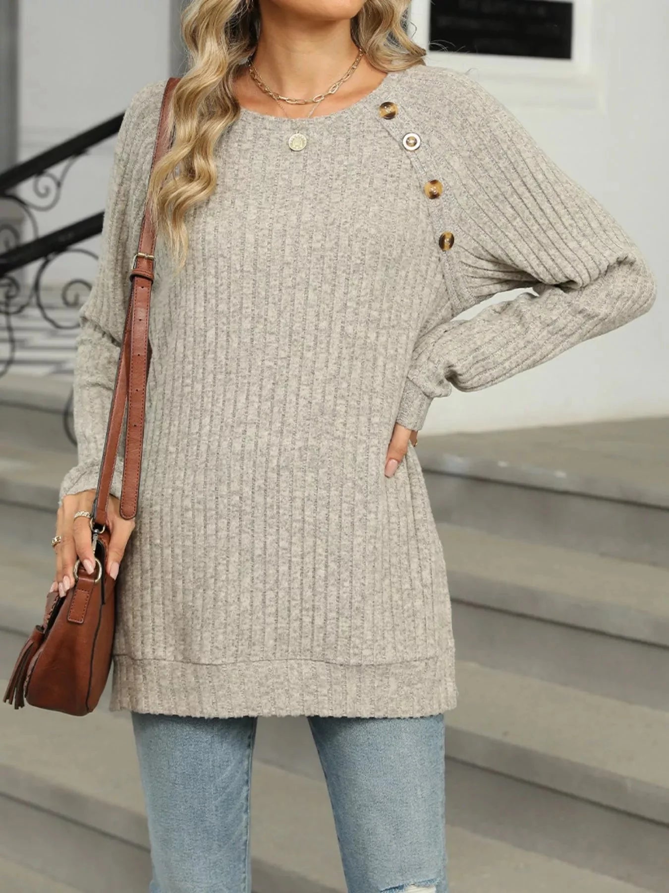 Cozy Chic Ribbed Button Detail Long Sleeve Tunic
