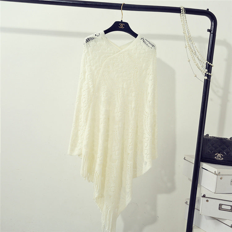 Women's Knitted Crocheted Hollow Irregular Tassel Pullover Sweater