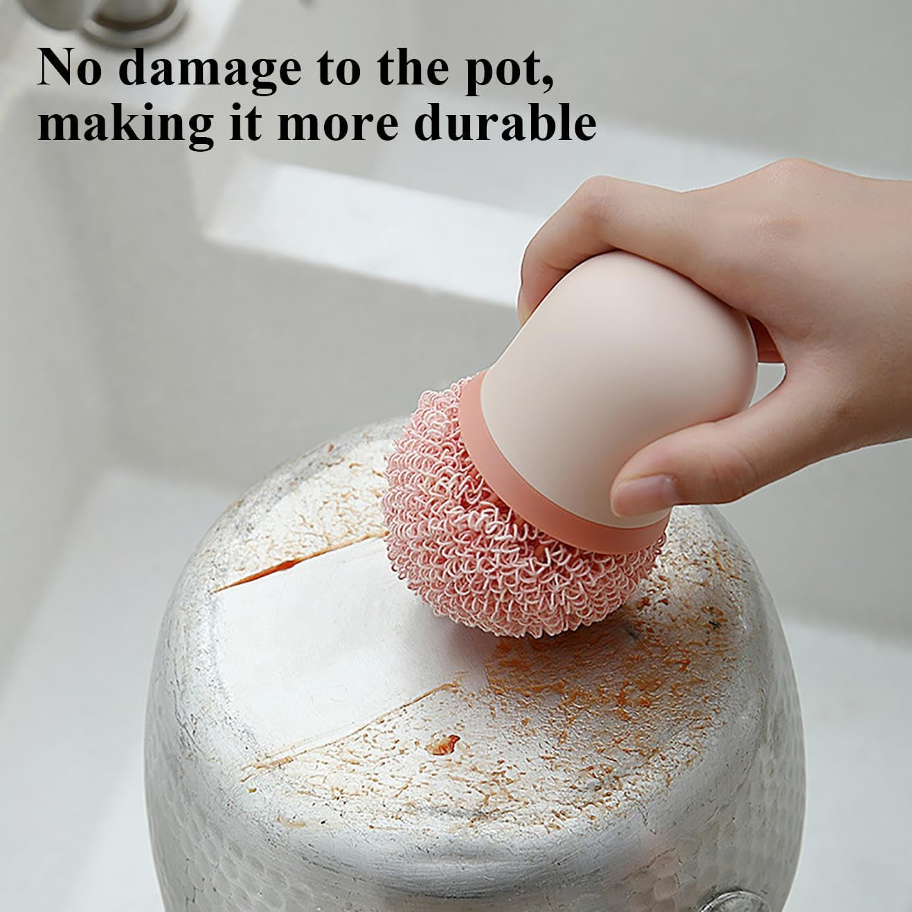 No-Scratch Kitchen Scrub Brush with Replaceable Fiber Scouring Balls – Anti-Scratch, Durable Handle for Non-Stick, Stainless Steel & Ceramic Cookware