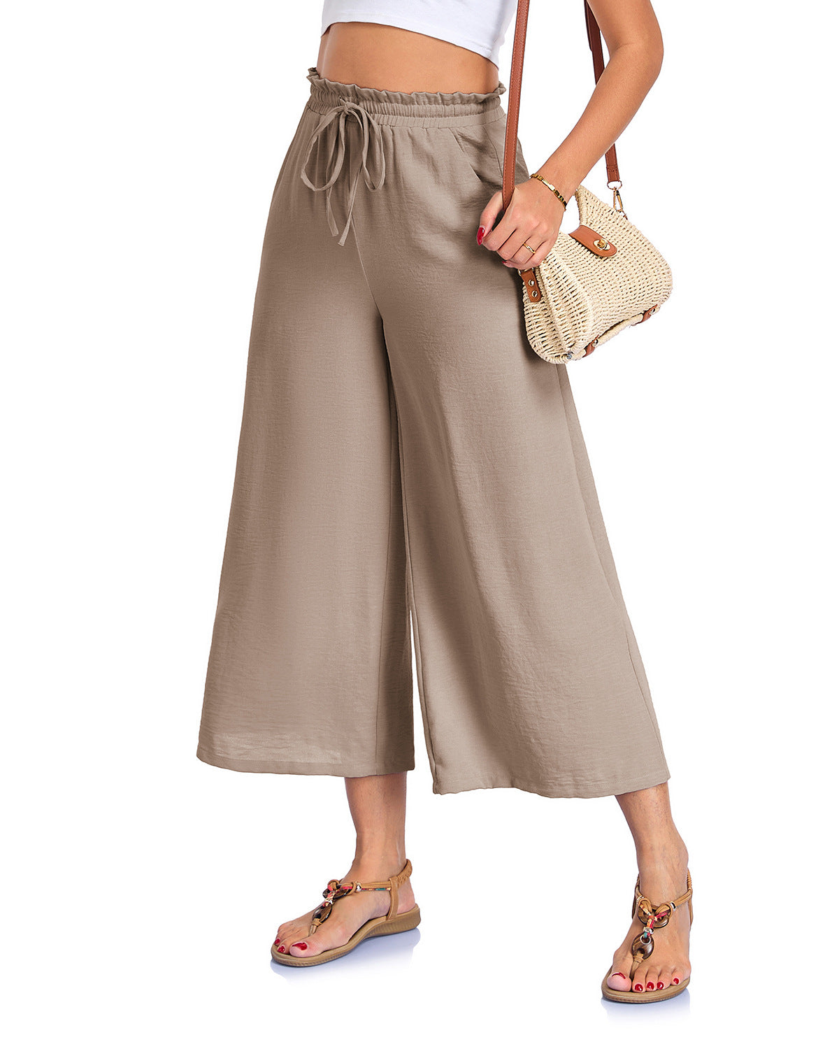 Fashionable Loose-fitting Capri Wide-leg Pants With Pockets And An Elastic Waistband