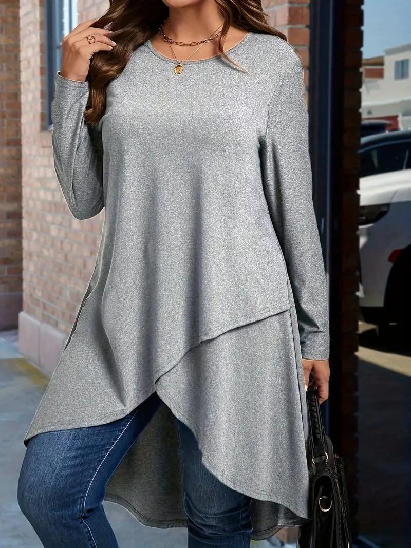 Casual Loose-fit Long-sleeve Solid-color Top
