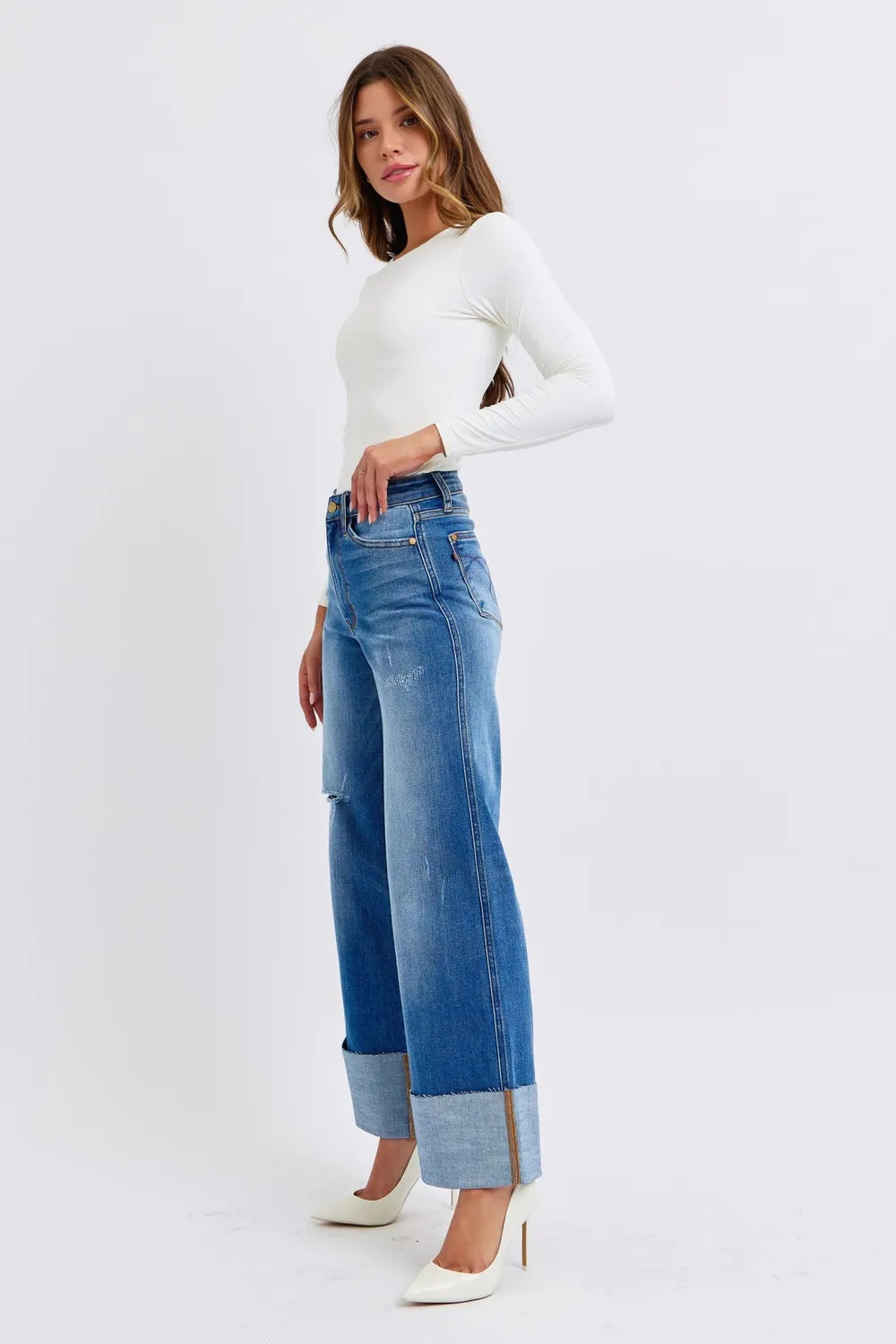 Distressed High Waist Wide Leg Cuffed Judy Blue Jeans – Full Size