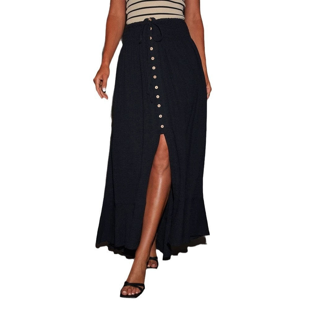 Half-length Solid Color Lace-up Waist-slimming Long Dress