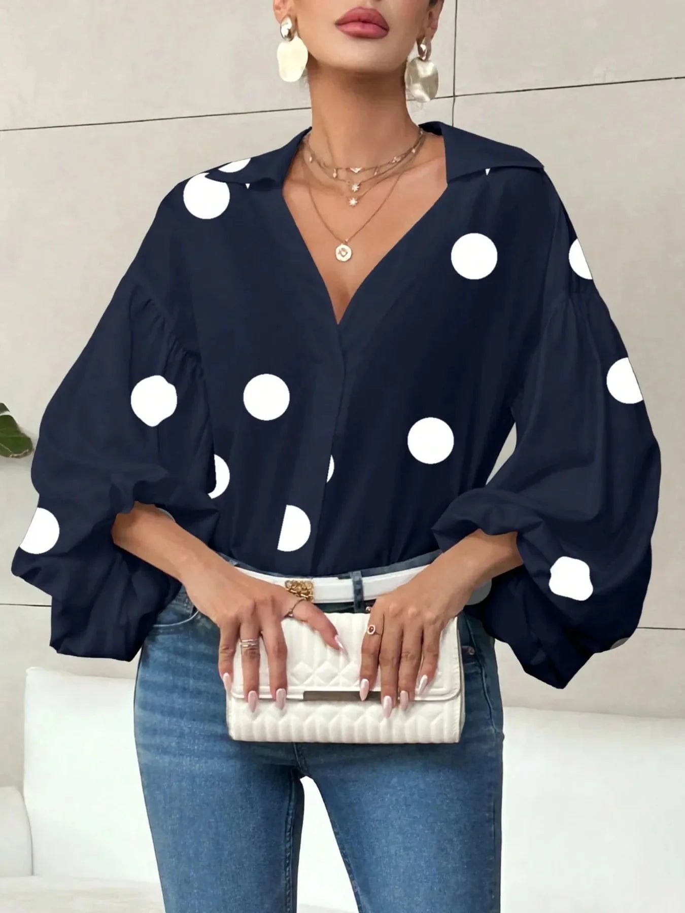 Oversized Polka Dot Balloon Sleeve Blouse