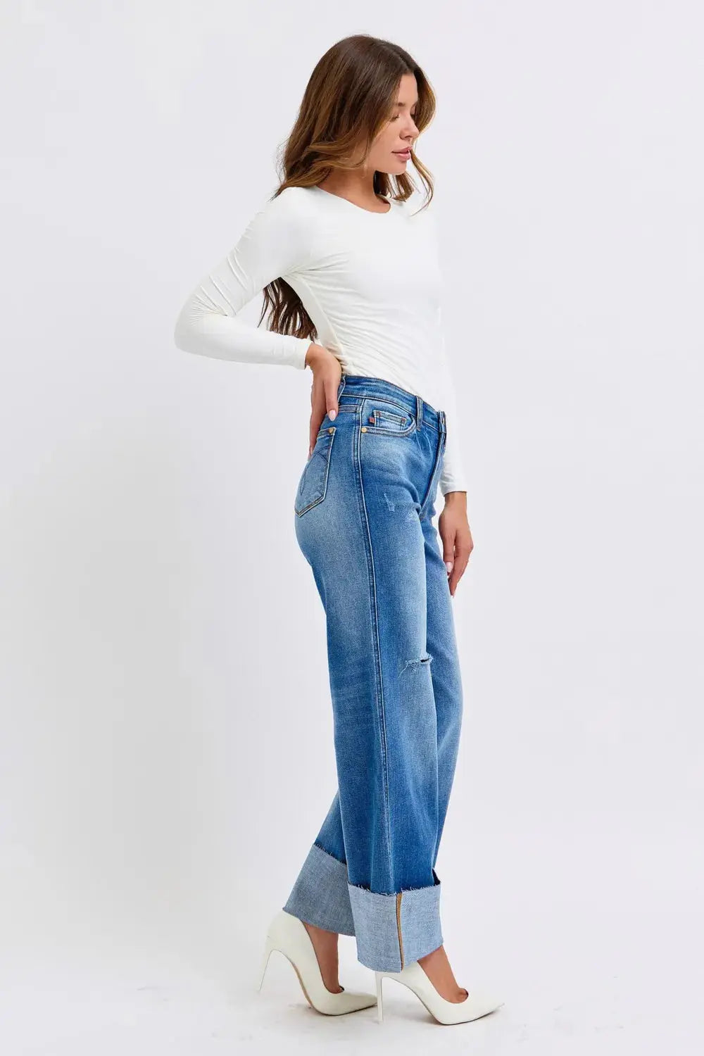 Distressed High Waist Wide Leg Cuffed Judy Blue Jeans – Full Size