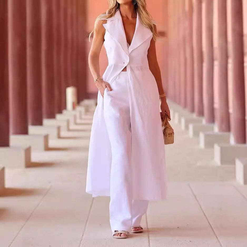 Women's Suit Lapels Sleeveless Solid Color Two-piece Set