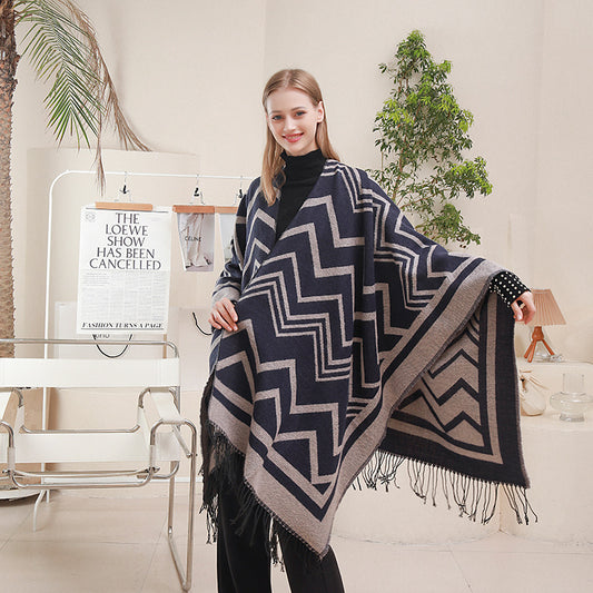 Fashionable With Side-slit Shawl Cape Herringbone Wave Scarf Shawl