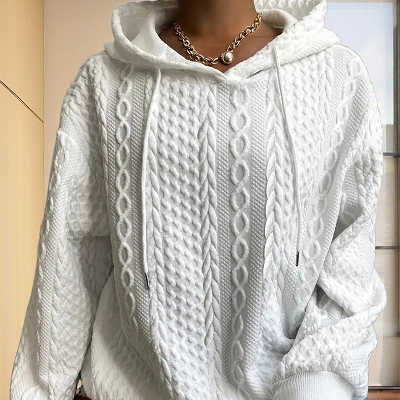 Women's Solid Color Ribbed Design Long Sleeve Hoodie - Loose Fit Drawstring Pullover For Fall & Winter Casual Wear