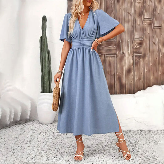 Ruffle Sleeve Split Elastic Waist Dress