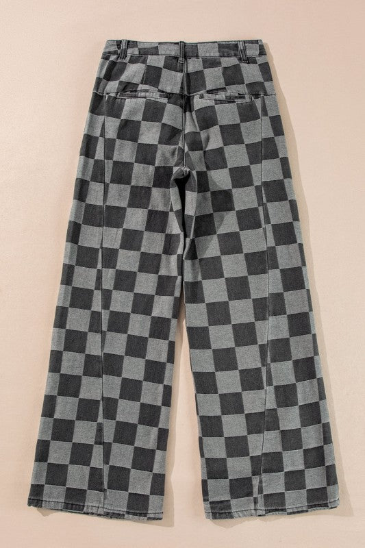 Checker Denim Wide Leg Jeans