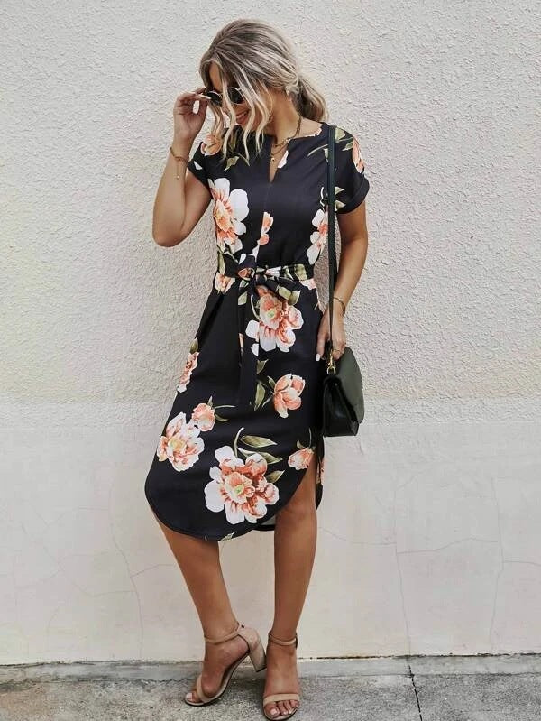 Printed Lace-up Side Split Female Dress