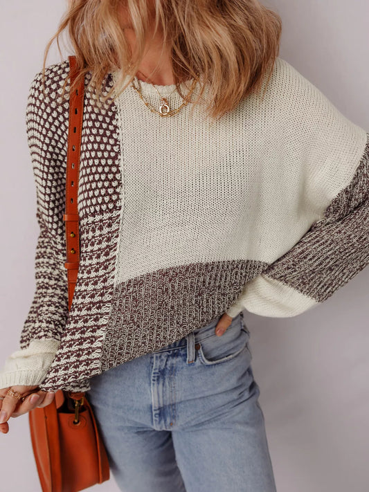 Color Block Loose Back Tie Drop Shoulder Sweater