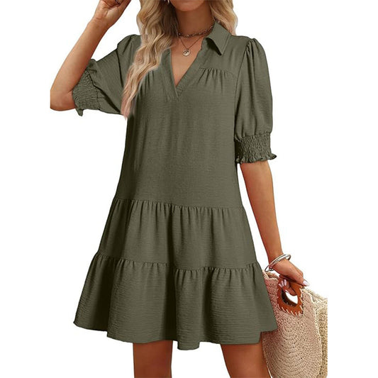 Women's Clothing Casual Polo Collar V-neck Half Sleeves Pleated Dress
