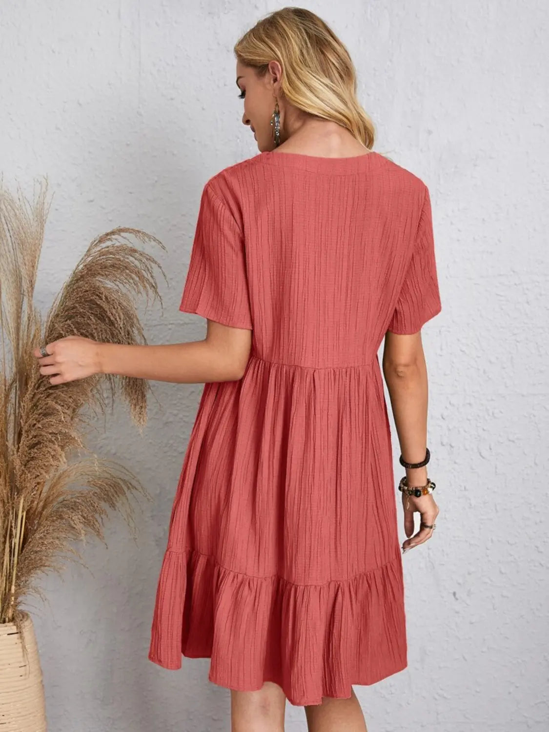 Boho Textured V-Neck Short Sleeve Babydoll Dress
