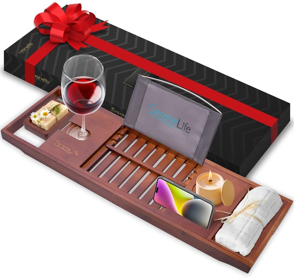 Bamboo Bathtub Caddy Tray – Expandable Waterproof Bath Tray with Wine Glass Holder, Tablet Stand & Removable Accessory Slots – Eco-Friendly, Adjustable & Durable