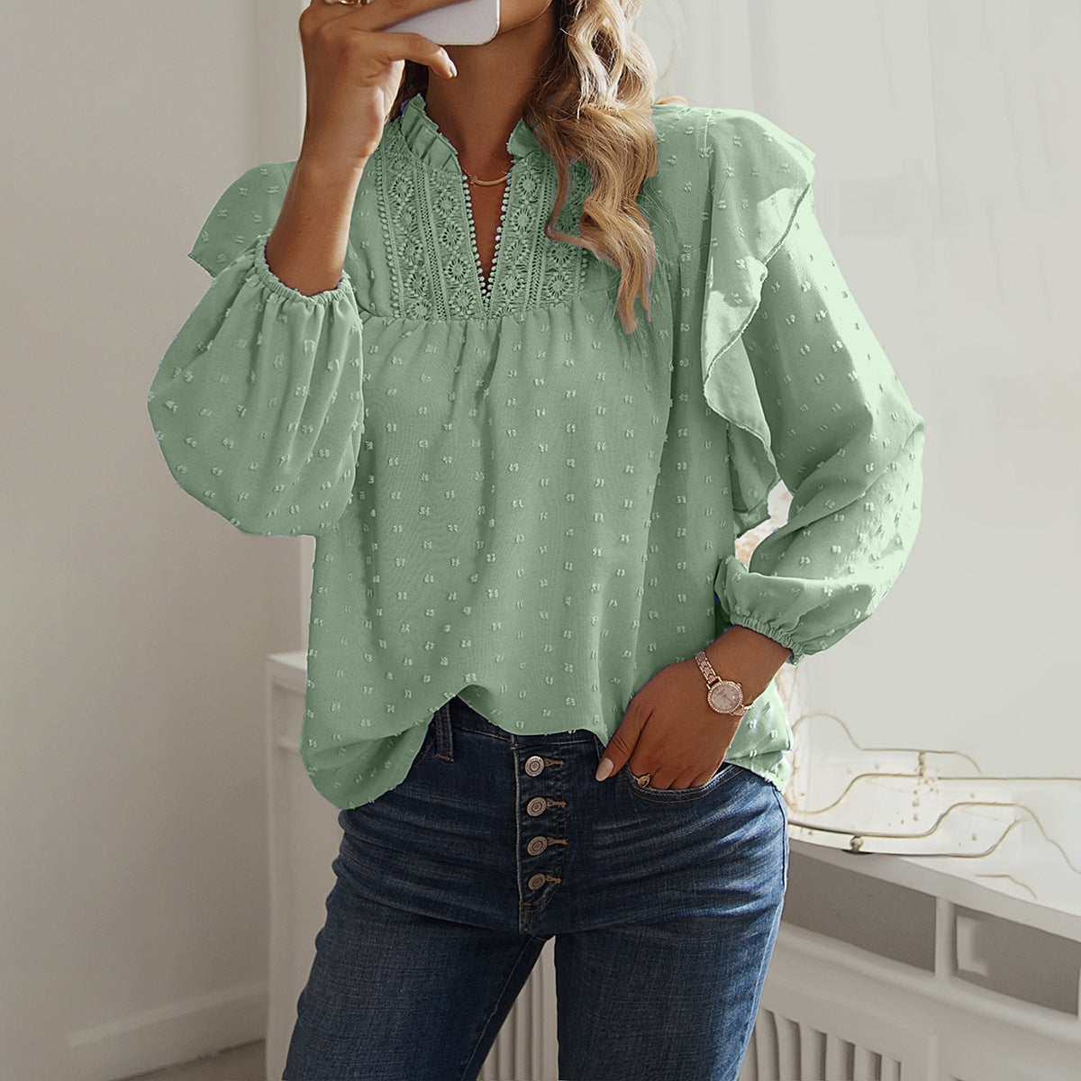 Spring And Summer Ruffled Lantern Sleeves Lace Stitching Blouse