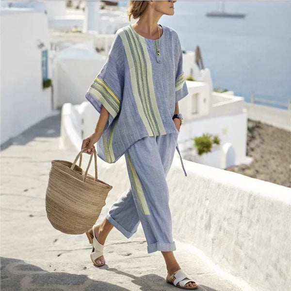 Loose Casual Vertical Stripes Ramie Bamboo Fiber Top