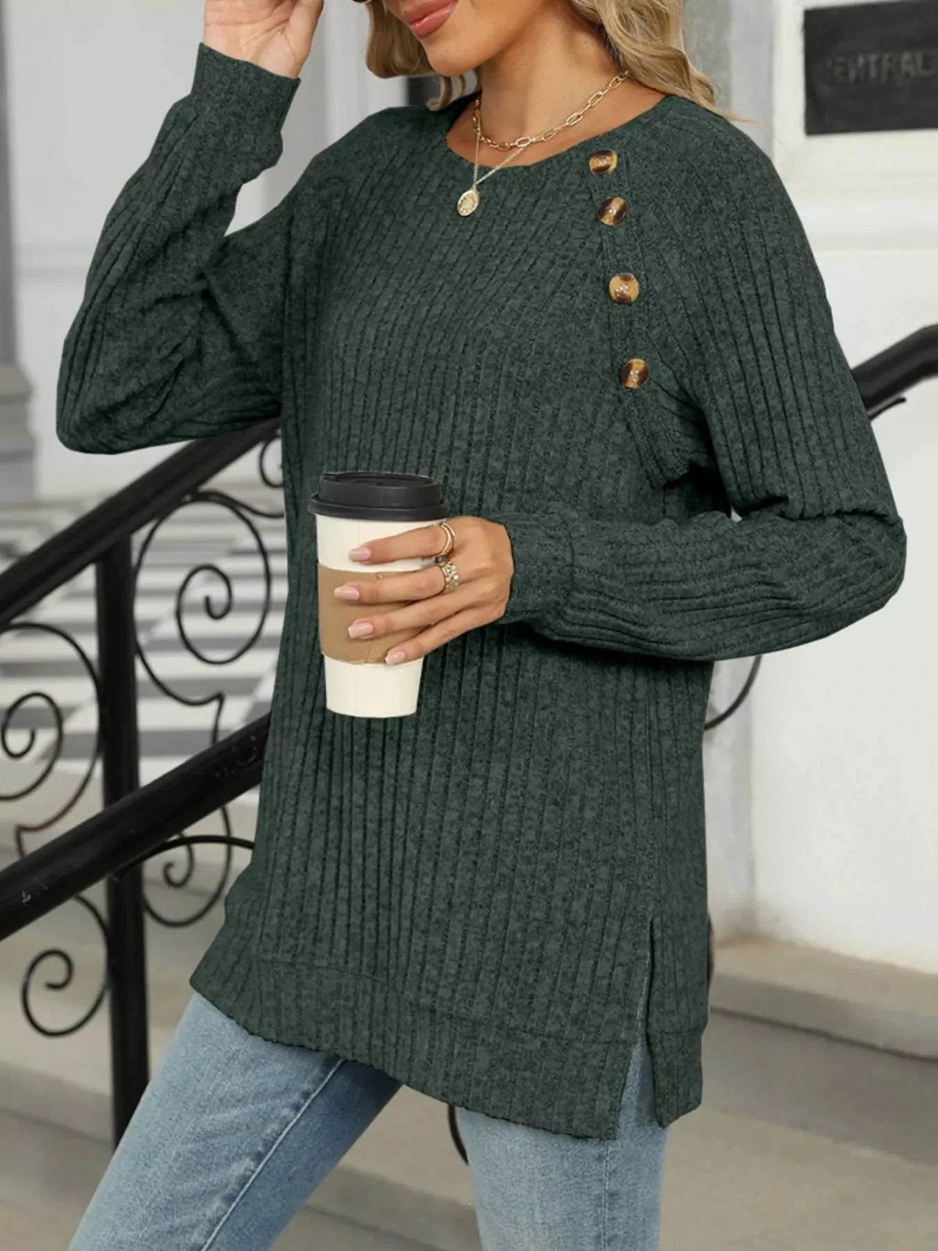 Cozy Chic Ribbed Button Detail Long Sleeve Tunic