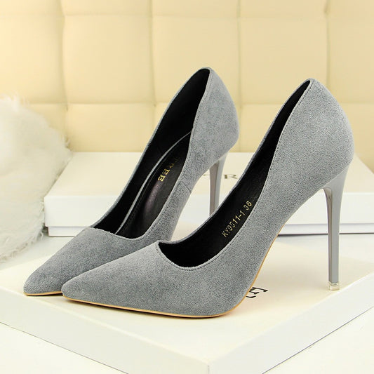 Sweet And Elegant High-heeled Suede Shallow Pointy Shoes