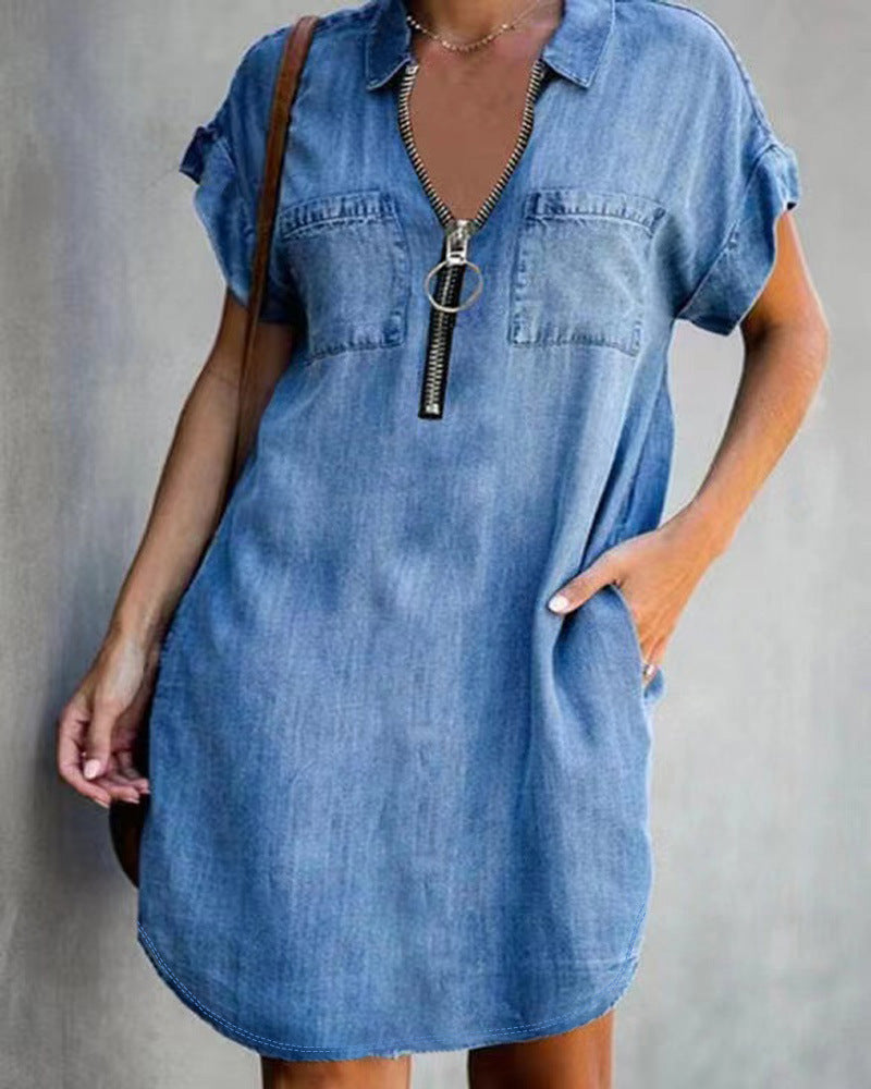 European And American Lapel Short Sleeve Loose Dress Denim Shirt