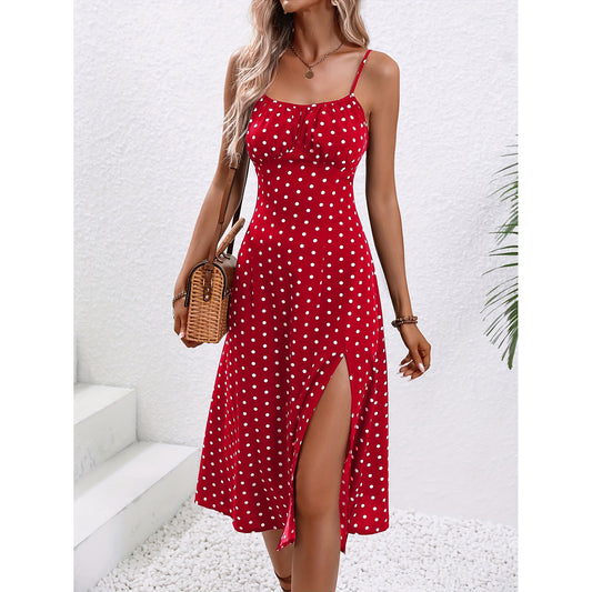 New Polka Dot Print Summer Sexy Suspender Dress Split Long Dresses For Women's Clothing
