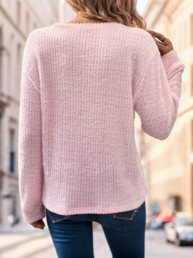 Women Plain Collar Rib Knit Casual Basic T-Shirt Blouse