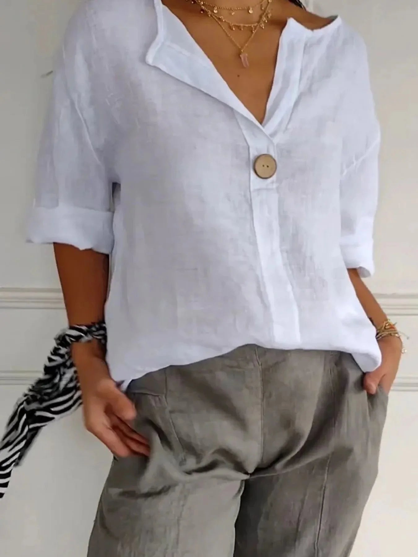 Breezy Button-Front Relaxed Linen Blouse
