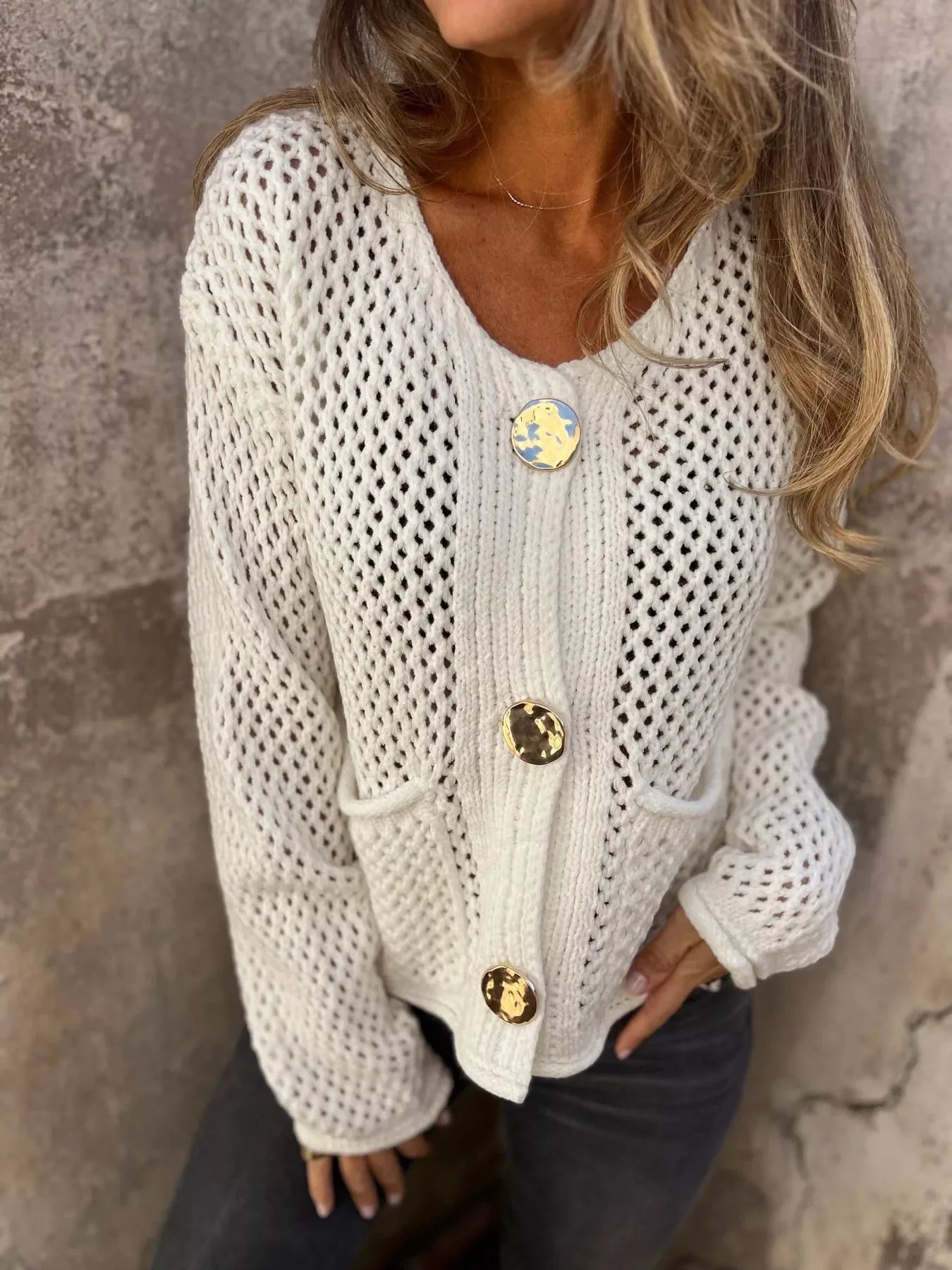 Crochet Button Up Long Sleeve Cardigan