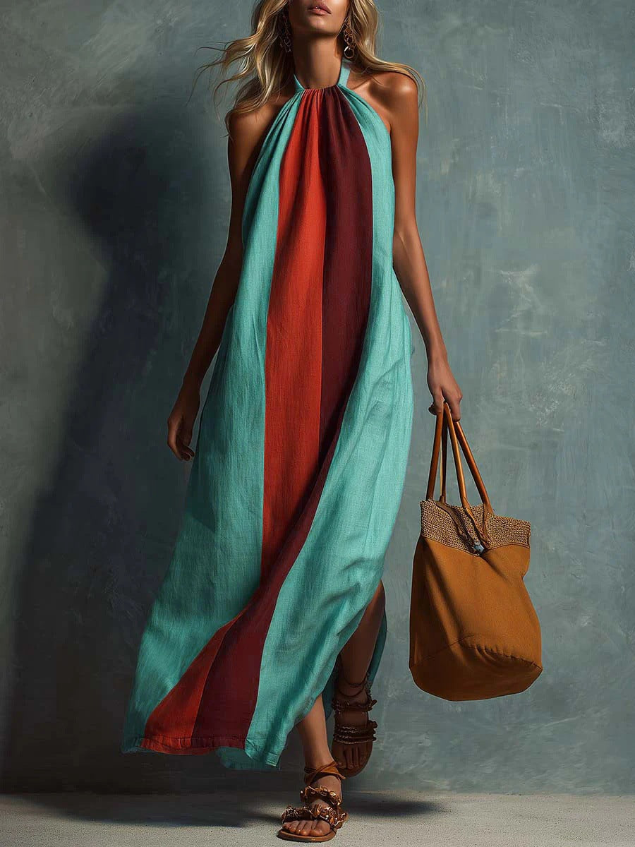 Neck-hanging Color-block Sleeveless Womens Long Dress