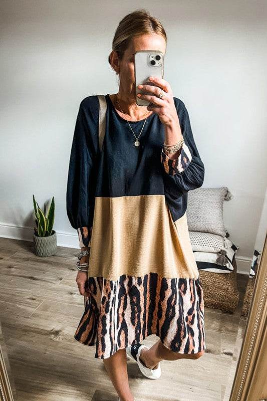 Women Colorblock Bishop Sleeve Mini Dress