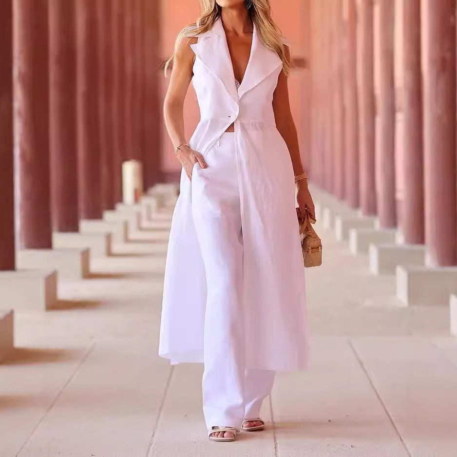 Women's Suit Lapels Sleeveless Solid Color Two-piece Set