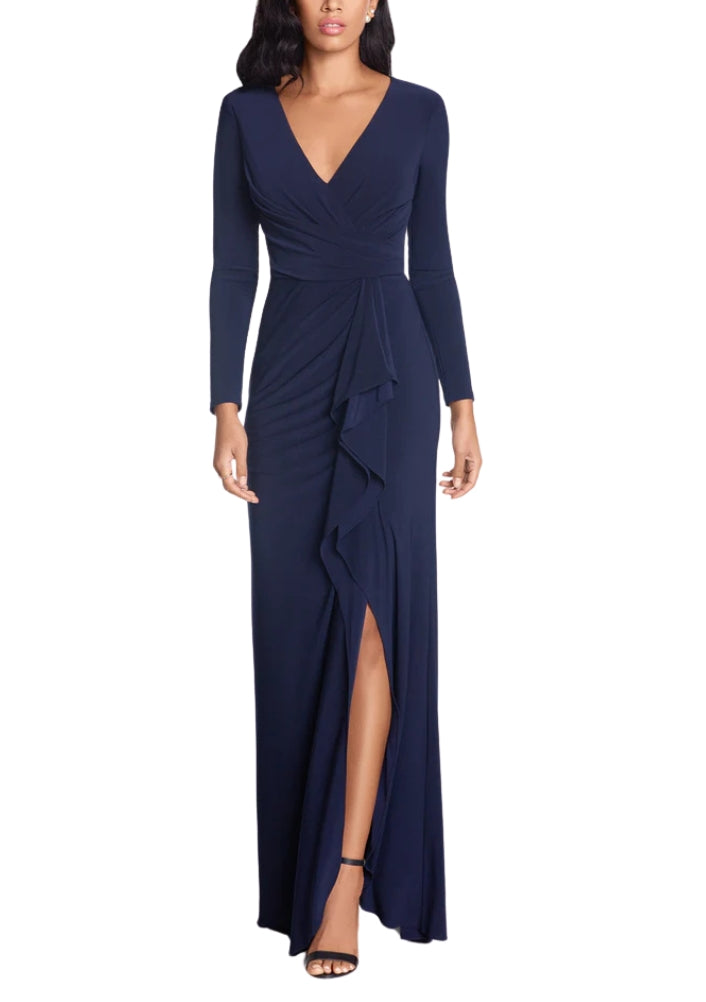 Betsy and Adam Elle Deep V-Neckline Long Sleeves High Ruffled Side Slit Gown Dress