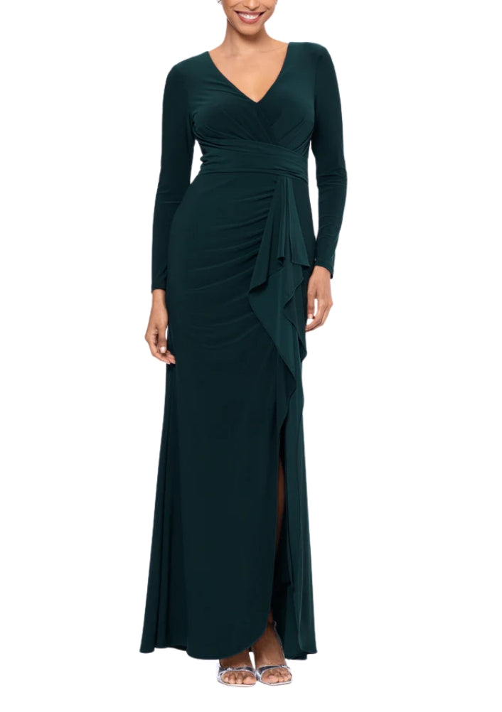 Betsy and Adam Elle Deep V-Neckline Long Sleeves High Ruffled Side Slit Gown Dress